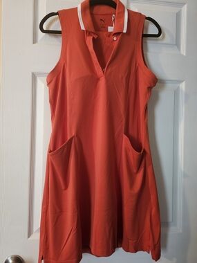 Puma Sleeveless Polo Active Golf Dress w/ Shorts in Bright Coral with White Trim
